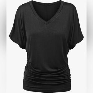 Women's Solid Short Sleeve Boat Neck V Neck Dolman Top with Side Shirring